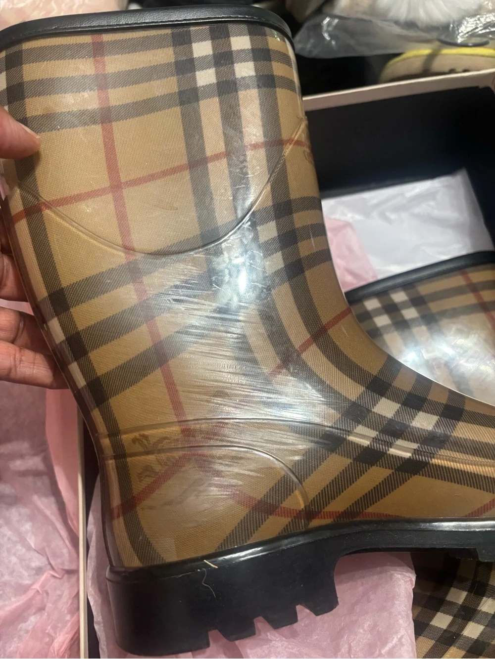 Burberry Classic Check Rubber Ankle Rain Boots in Beige/Tan